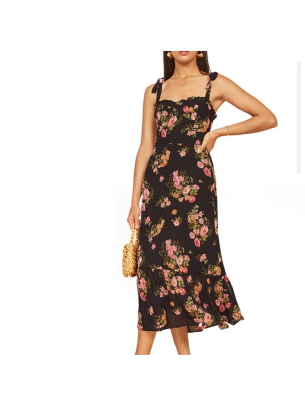 Reformation Black Floral Tie-Shoulder Midi Dress